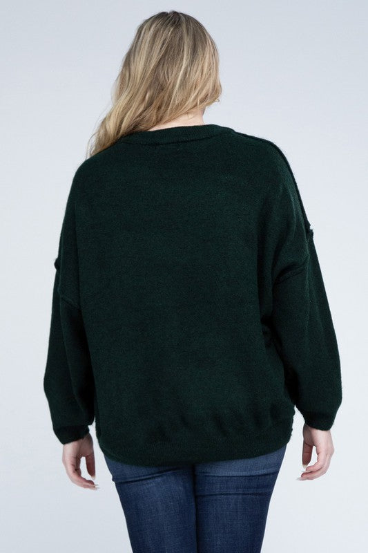 Plus Oversized Round Neck Raw Seam Melange Sweater