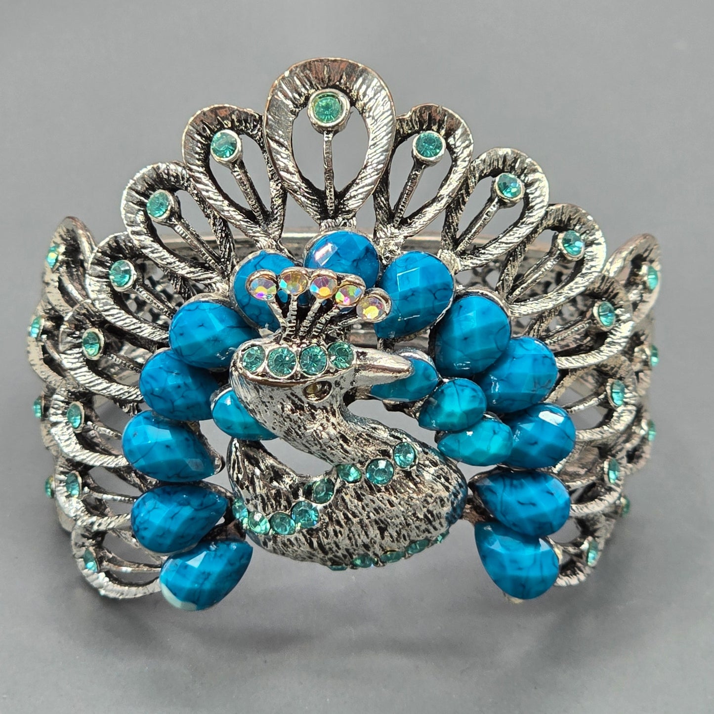 Zara Blue Silver Peacock Gems Metal Cuff Bracelet Fashion Jewelry NWOT JB4-18