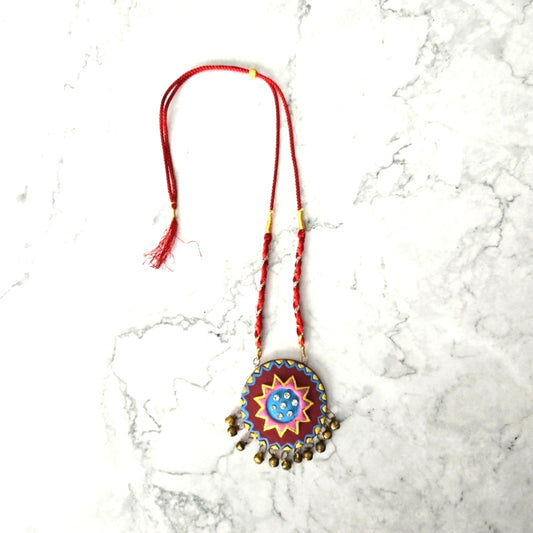 Red Circle Bell Pendant Rhinestone Clay Fashion Jewelry Necklace