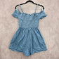 Love Tree Juniors Romper Light Blue Chambray Ruched Off Shoulder Top Small