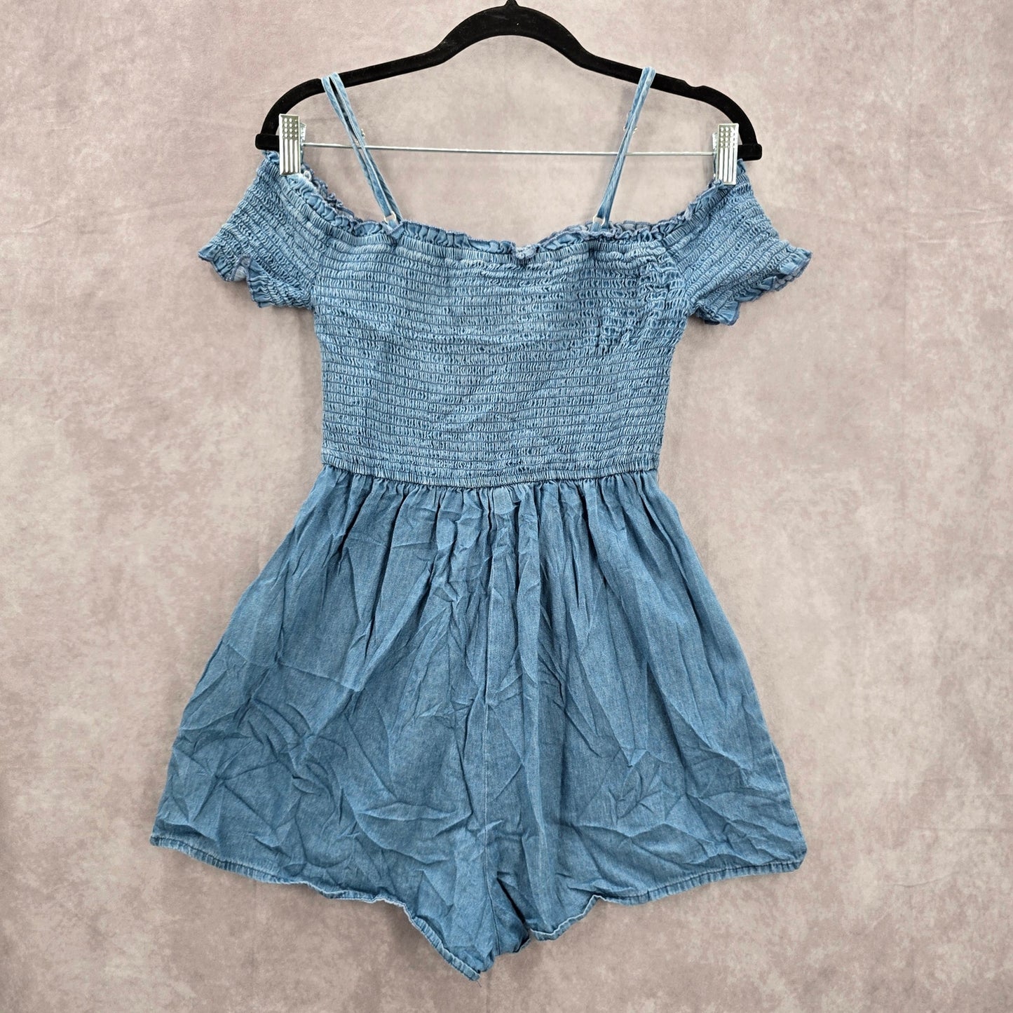 Love Tree Juniors Romper Light Blue Chambray Ruched Off Shoulder Top Small