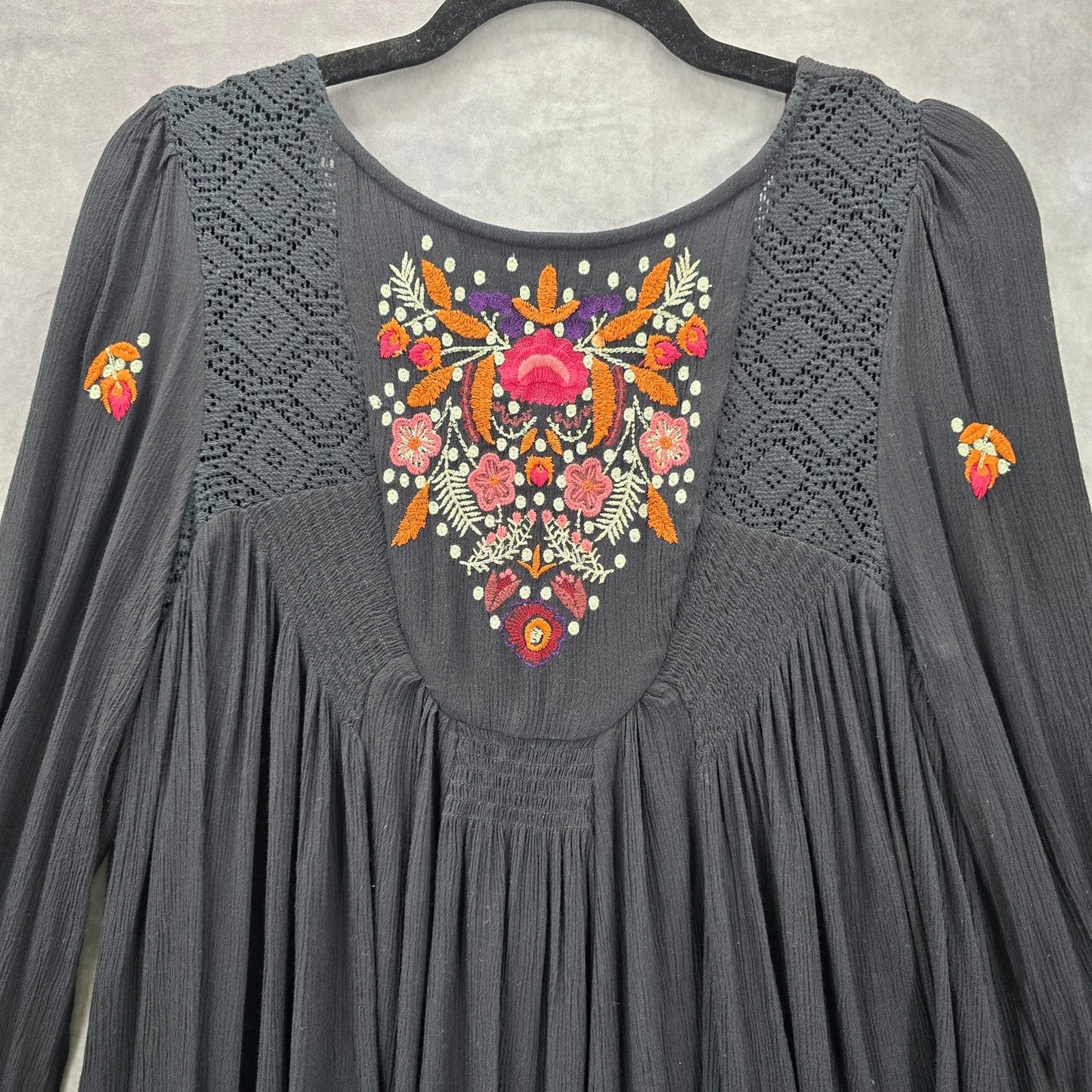 Free People Black Mojave Floral Embroidered Mini Dress Medium