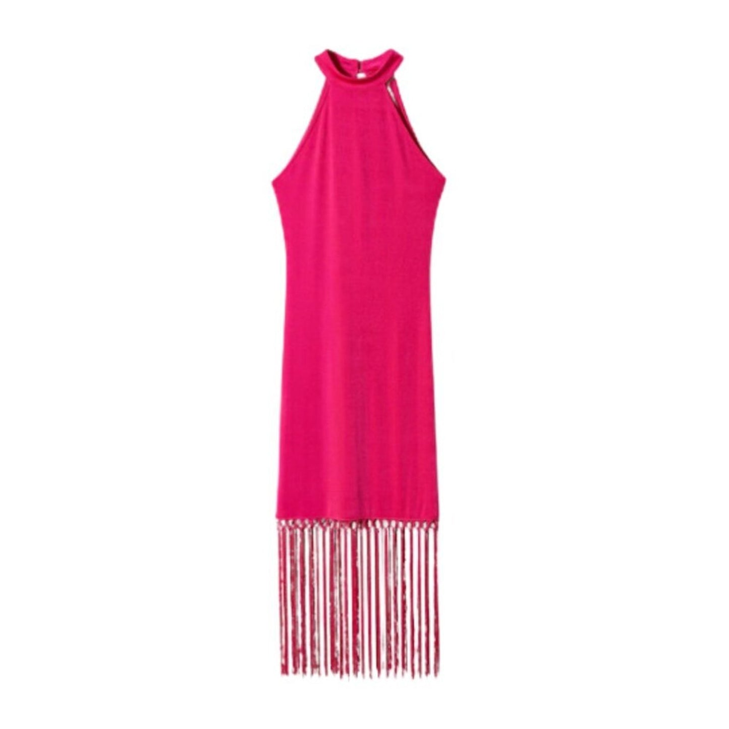 Mango MNG Halter Neck Fringed Pink Fuchsia Sleeveless Dress NWT Size 6