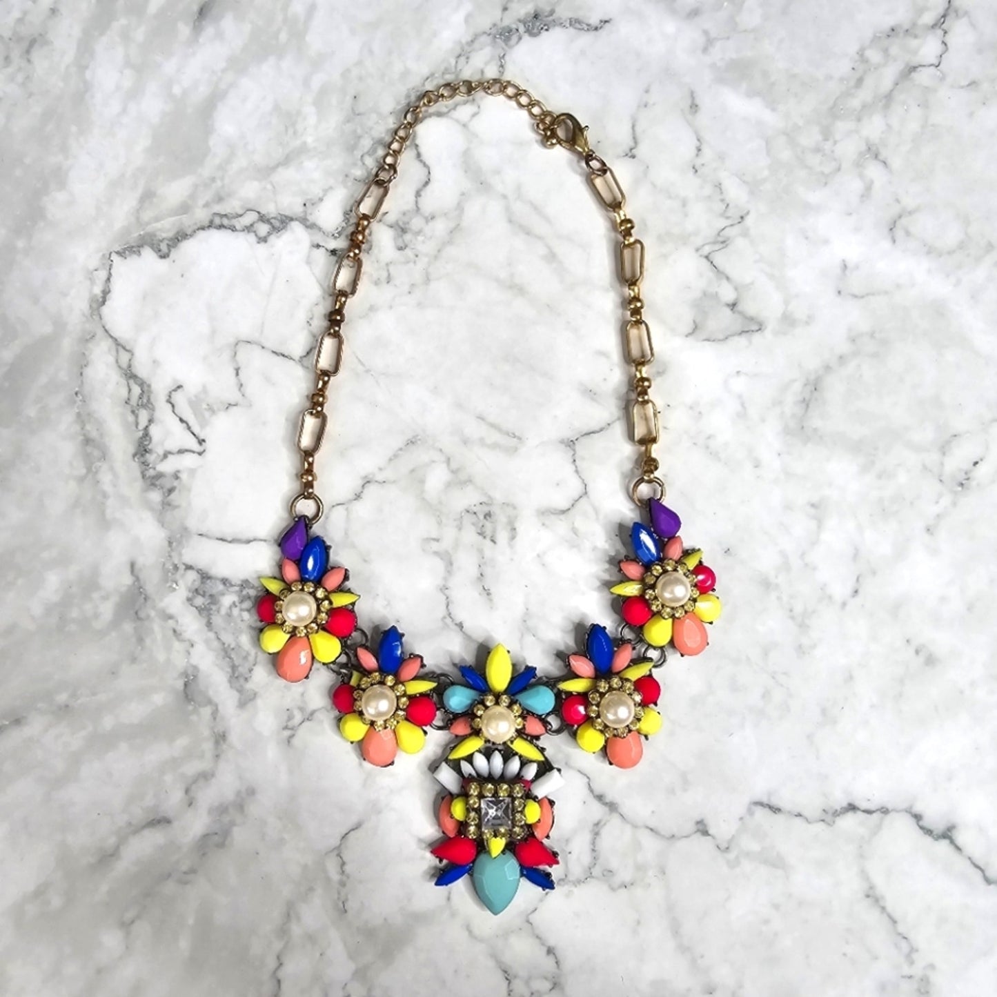 Zara Flower Pearl Rhinestone Gem Chain Link Multicolor Statement Necklace