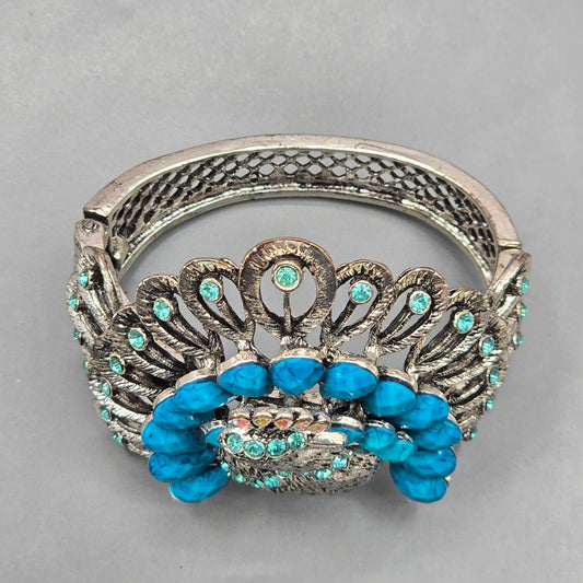 Zara Blue Silver Peacock Gems Metal Cuff Bracelet Fashion Jewelry NWOT JB4-18