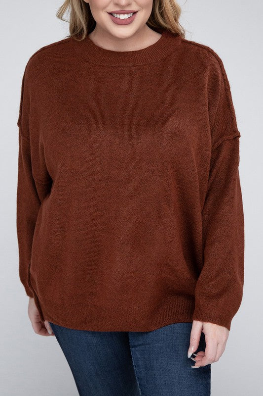 Plus Oversized Round Neck Raw Seam Melange Sweater