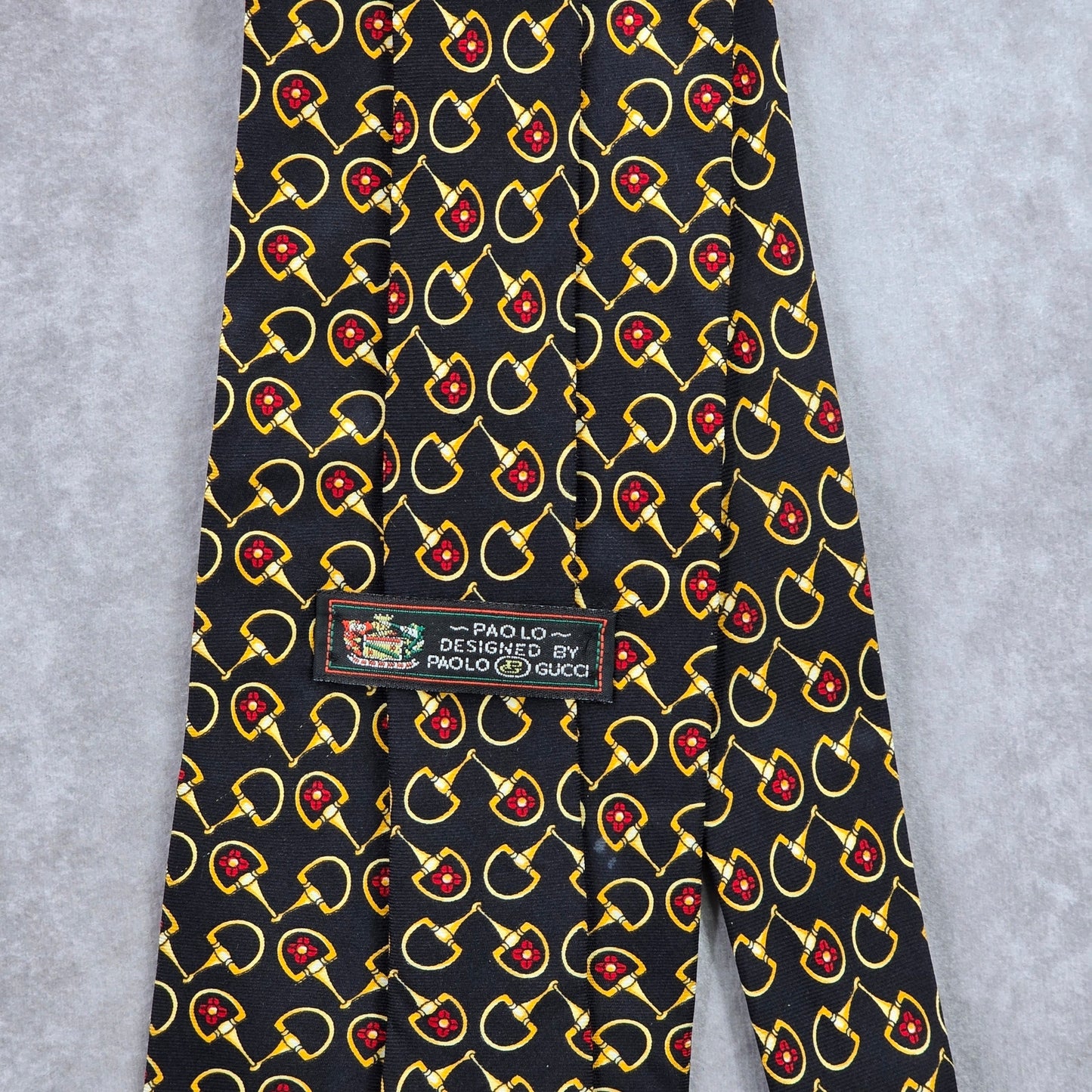 Paolo Gucci Black Bold Red Floral Horsebit Vtg 100% Silk Italy Mens Neck Tie