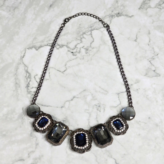 Zara Blue Gray Rhinestone Gem Chain Link Statement Necklace